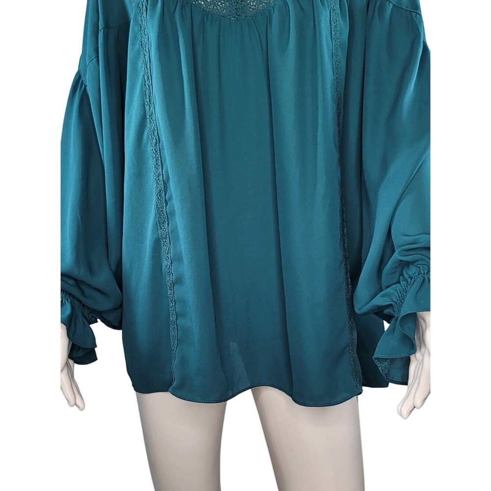 Zac & Rachel Teal Lace-Trim Peasant Boho Blouse - Picture 3 of 13